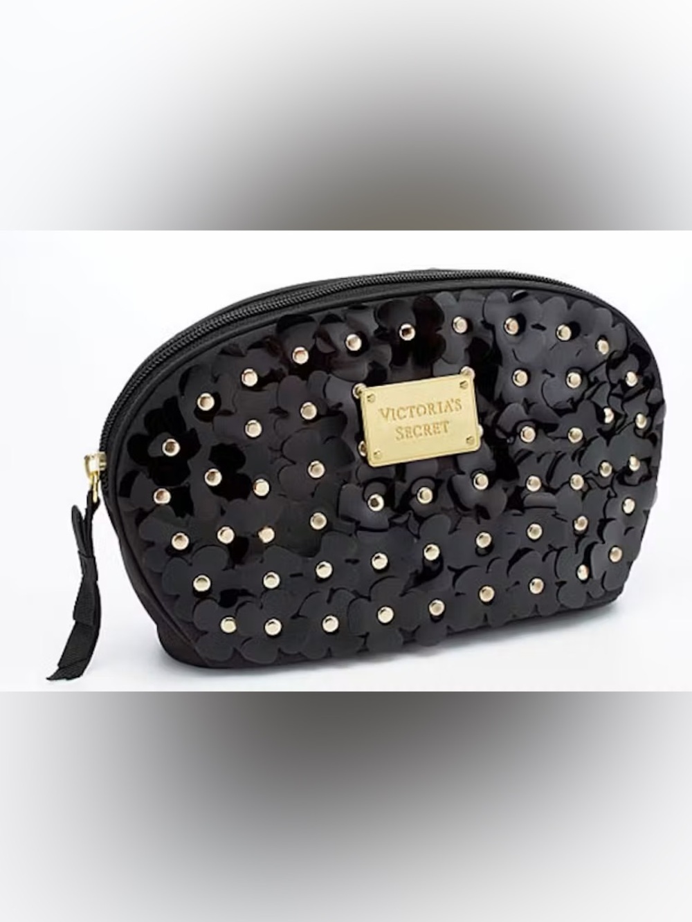 Victoria's Secret Black Studded Floral Cosmetic Pouch with Gold Plate